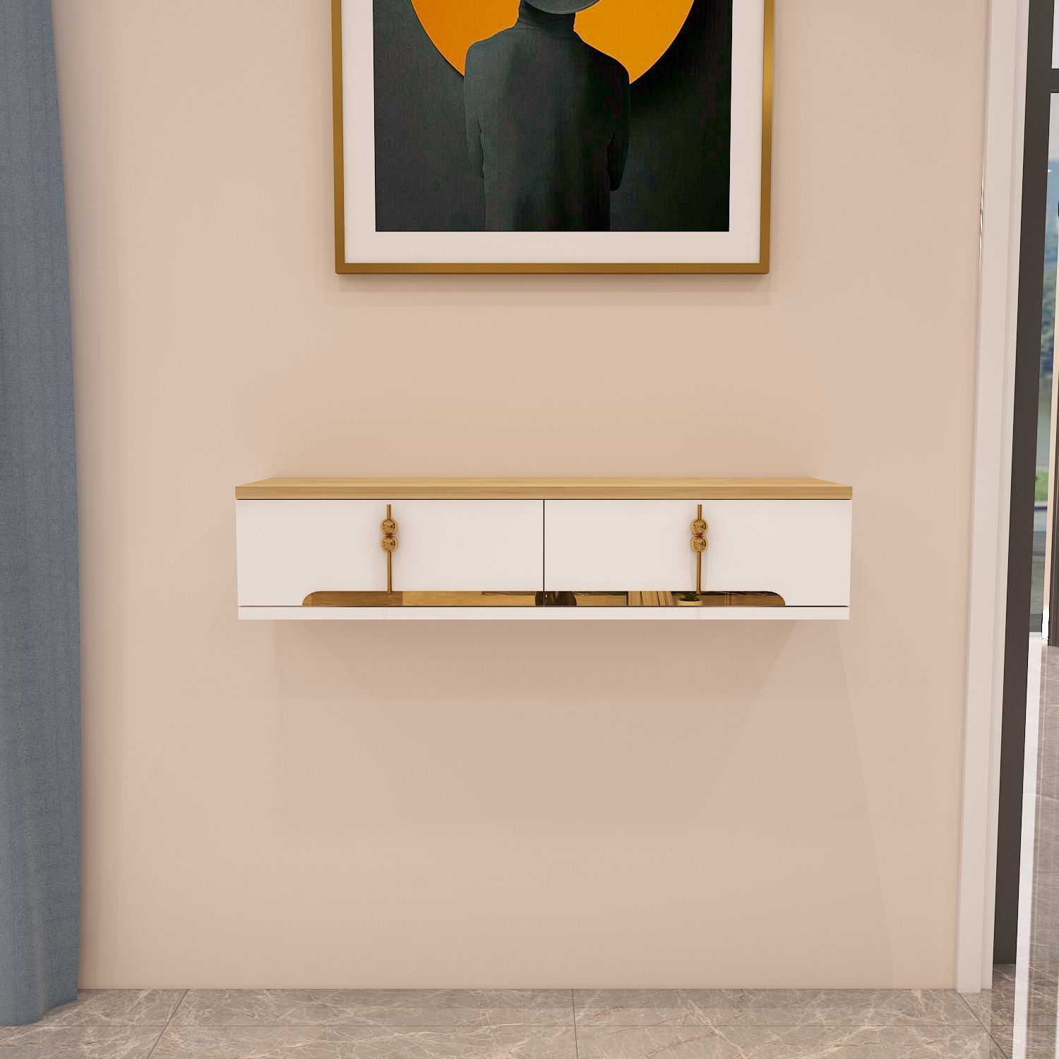 Roza 90 cm Kapaklı, Raflı ,Duvara Monte Dresuar beyaz-safirmeşe-altın